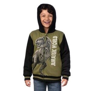 Universal Studios Jurassic World Plush Lined Graphic Hoodie Zip Kids Green Black